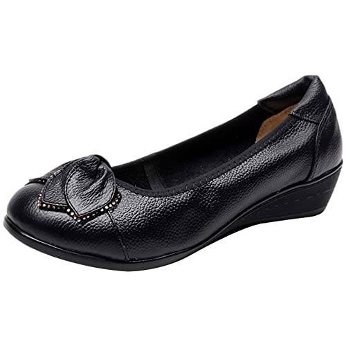 Jamron Damen Echtleder Bequemschuhe Weich Sohle Blume Ballerinas Niedrige Keilabsatz Pumps Slippers Schwarz SN070358 EU41 von Jamron
