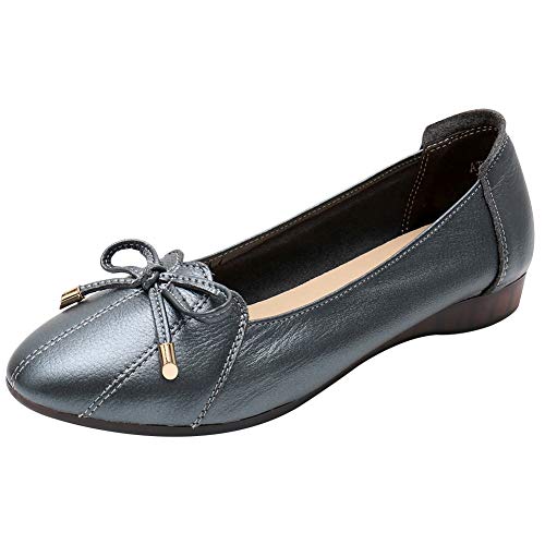 Jamron Damen Echtleder Komfort Schuhe Weich Sohle Ballerinas Niedrige Keilabsatz Slippers Silber-Grau SN02432 EU37 von Jamron