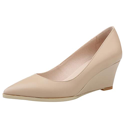 Jamron Damen Echtleder Spitze 5.5CM Keilabsatz Pumps Büroarbeit Gericht Schuhe Aprikose SN02411-2 EU38.5 von Jamron
