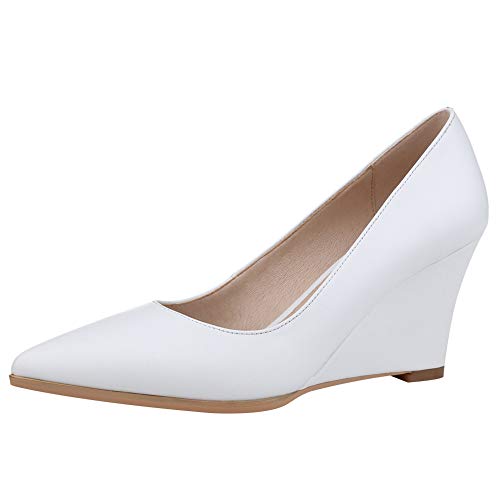 Jamron Damen Echtleder Spitze 8CM Keilabsatz Pumps Büroarbeit Gericht Schuhe Weiß SN02411 EU37.5 von Jamron
