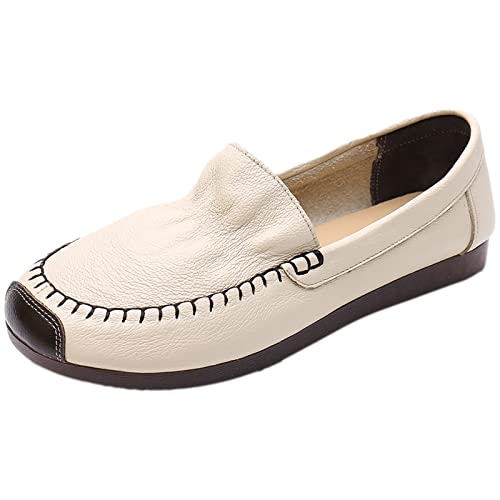 Jamron Damen Echtleder Weite Passform Loafers Weiche Sohle Ballerinas Leicht Bequeme Slip On Wanderschuhe Beige EU39.5 von Jamron