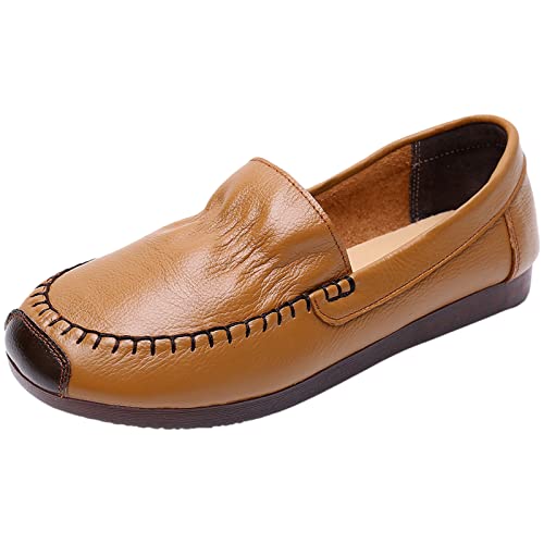 Jamron Damen Echtleder Weite Passform Loafers Weiche Sohle Ballerinas Leicht Bequeme Slip On Wanderschuhe Bräunen EU37 von Jamron