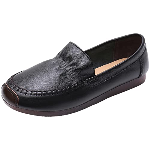 Jamron Damen Echtleder Weite Passform Loafers Weiche Sohle Ballerinas Leicht Bequeme Slip On Wanderschuhe Schwarz EU37 von Jamron
