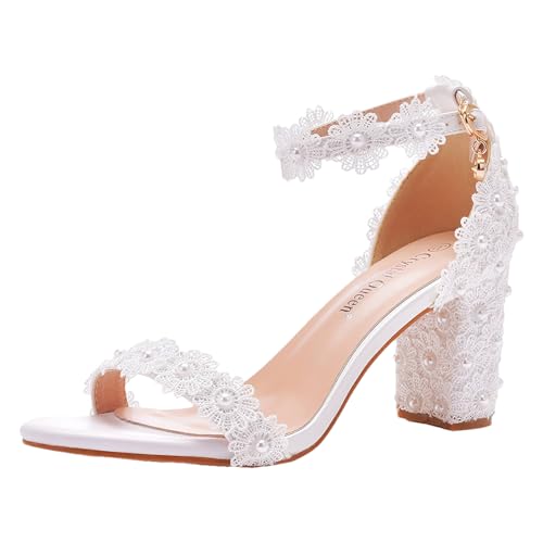 Jamron Damen Elegant Blockabsatz Riemchen Sandalen Florale Spitze Perlen Weiß Brautschuhe 7CM SN0703497-1 EU38.5 von Jamron