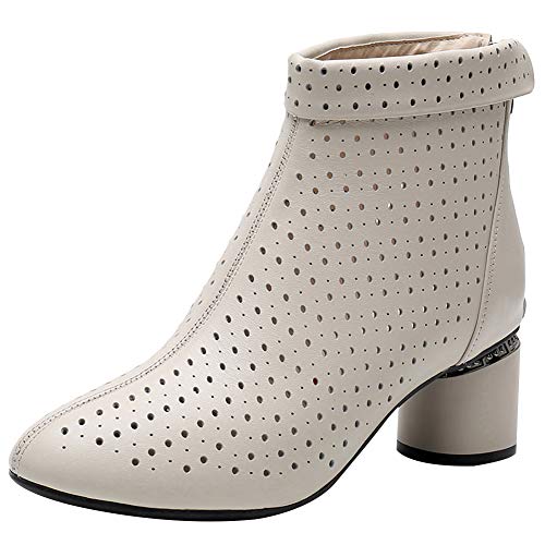 Jamron Damen Elegant Blockabsatz Stiefeletten Atmungsaktiv Ausgehöhlt Sommer Booties Pumps Beige SN02542 EU35 von Jamron