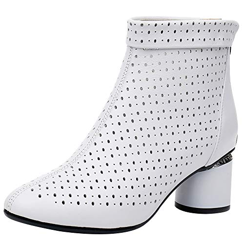 Jamron Damen Elegant Blockabsatz Stiefeletten Atmungsaktiv Ausgehöhlt Sommer Booties Pumps Weiß SN02542 EU35 von Jamron