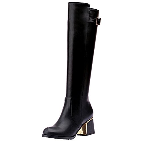 Jamron Damen Elegant PU Leder Blockabsatz Kniehoch Reißverschluss Stiefel Warm Winter Stiefels mit Schnallenriemen Schwarz SN02933 EU39.5 von Jamron