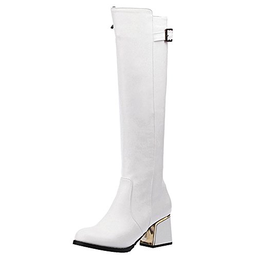 Jamron Damen Elegant PU Leder Blockabsatz Kniehoch Reißverschluss Stiefel Warm Winter Stiefels mit Schnallenriemen Weiß SN02933 EU36 von Jamron
