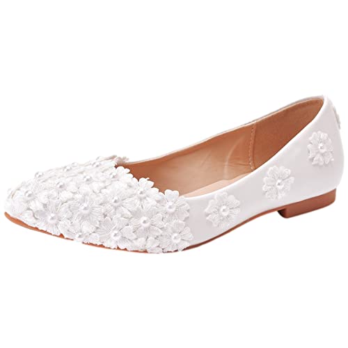 Jamron Damen Elegant Spitze Zehen Blume Perlen Brautschuhe Pumps Weiche Sohle Ballerinas Weiß SN070435 EU36 von Jamron
