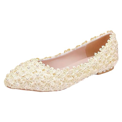 Jamron Damen Elegant Spitze Zehen Blume Spitzenbesatz Perlen Brautschuhe Pumps Weiche Sohle Ballerinas Beige SN070435 EU40 von Jamron