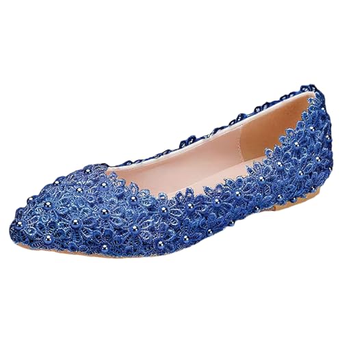 Jamron Damen Elegant Spitze Zehen Blume Spitzenbesatz Perlen Brautschuhe Pumps Weiche Sohle Ballerinas Blau SN070435 EU39.5 von Jamron
