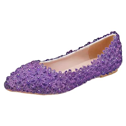 Jamron Damen Elegant Spitze Zehen Blume Spitzenbesatz Perlen Brautschuhe Pumps Weiche Sohle Ballerinas Lila SN070435 EU40 von Jamron