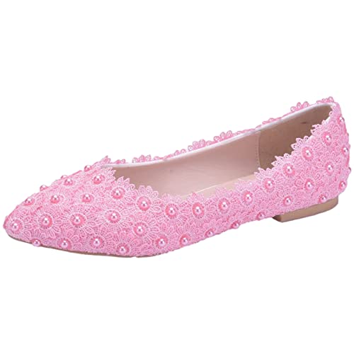 Jamron Damen Elegant Spitze Zehen Blume Spitzenbesatz Perlen Brautschuhe Pumps Weiche Sohle Ballerinas Rosa SN070435 EU41 von Jamron