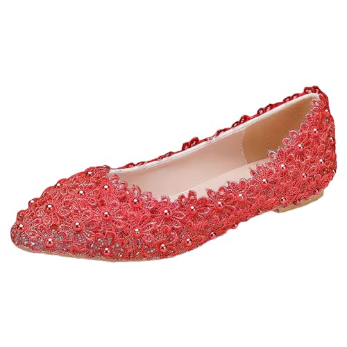 Jamron Damen Elegant Spitze Zehen Blume Spitzenbesatz Perlen Brautschuhe Pumps Weiche Sohle Ballerinas Rot SN070435 EU35 von Jamron