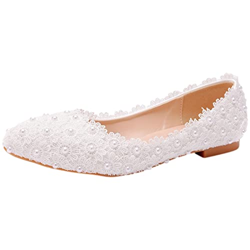 Jamron Damen Elegant Spitze Zehen Blume Spitzenbesatz Perlen Brautschuhe Pumps Weiche Sohle Ballerinas Weiß SN070435 EU35 von Jamron