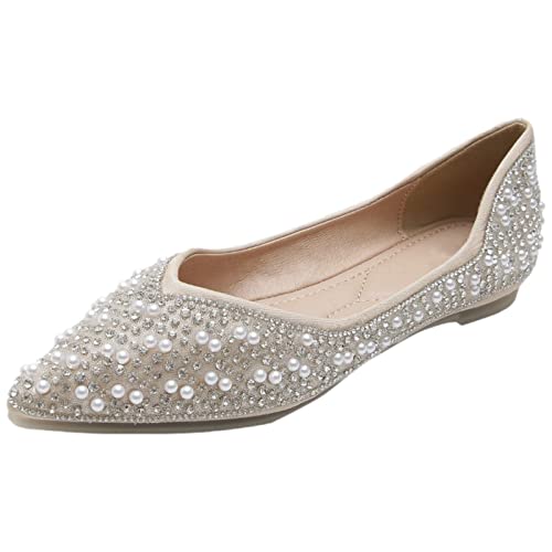 Jamron Damen Elegant Spitze Zehen Perlen+Diamanten Brautschuhe Pumps Weiche Sohle Ballerinas Aprikose SN070516 EU38 von Jamron