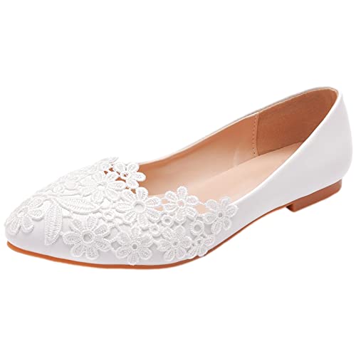 Jamron Damen Elegant Spitze Zehen Blume Spitzenbesatz Brautschuhe Pumps Weiche Sohle Ballerinas Weiß SN070435 EU38 von Jamron