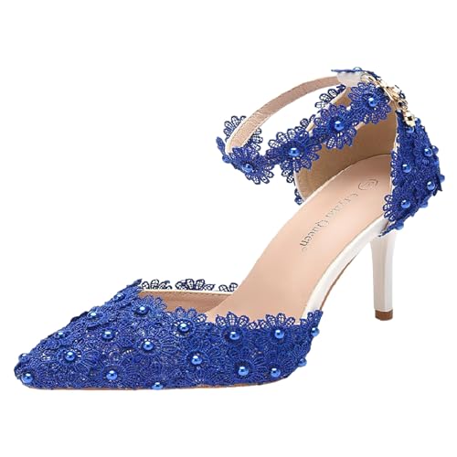 Jamron Damen Elegant Spitze Zehen Stiletto Absatz Riemchen Pumps Florale Spitze Perlen Brautschuhe Blau SN0703212-1 EU38 von Jamron
