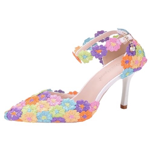 Jamron Damen Elegant Spitze Zehen Stiletto Absatz Riemchen Pumps Florale Spitze Perlen Brautschuhe Farbig SN0703212-1 EU38 von Jamron