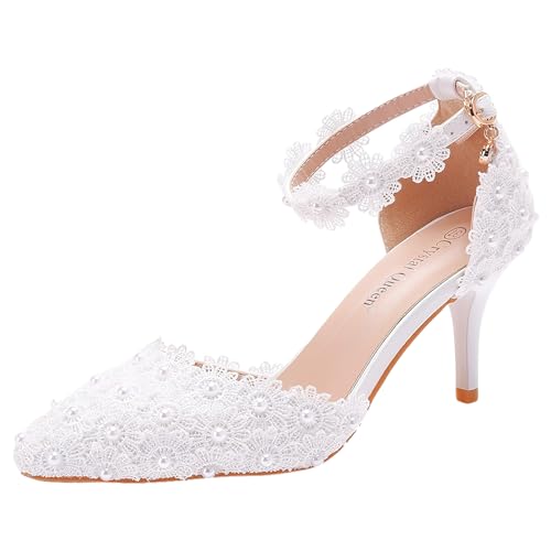 Jamron Damen Elegant Spitze Zehen Stiletto Absatz Riemchen Pumps Florale Spitze Perlen Brautschuhe Weiß SN0703212-1 EU37 von Jamron