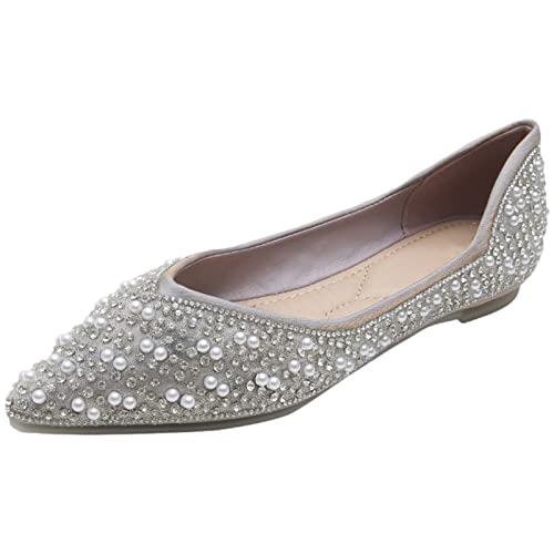 Jamron Damen Elegant Spitze Zehen Strasssteine Perlen Flache Pumps Schuhe Leichte Slip On Ballerinas Grau SN070516 EU38.5 von Jamron