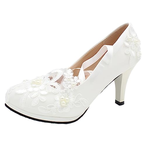 Jamron Damen Elegant Spitzenbesatz 8CM Absatz Weiß Hochzeitsschuhe Pumps mit Perlen SN070427 EU39.5 von Jamron