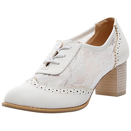 Jamron Damen Elegant Spitzenbesatz Braut Hochzeit Schuhe Blockabsatz Oxfords Abendschuhe Weiß SN02107 EU37 von Jamron