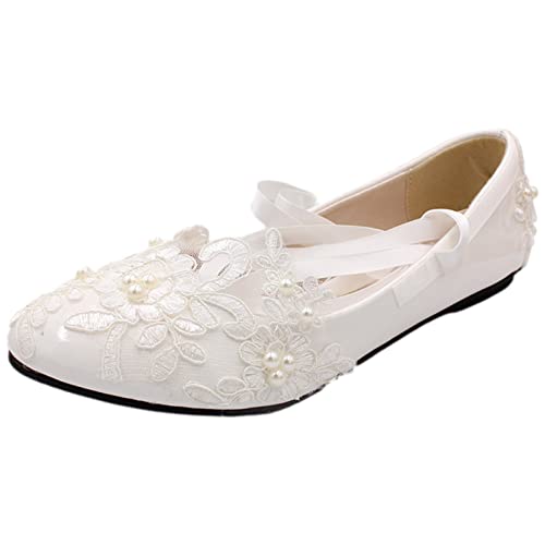 Jamron Damen Elegant Spitzenbesatz Flache Absatz Weiß Hochzeitsschuhe Pumps mit Perlen SN070427 EU38 von Jamron