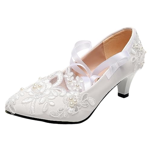 Jamron Damen Elegant Spitzenbesatz 5CM Absatz Weiß Hochzeitsschuhe Pumps mit Perlen SN070427 EU38.5 von Jamron