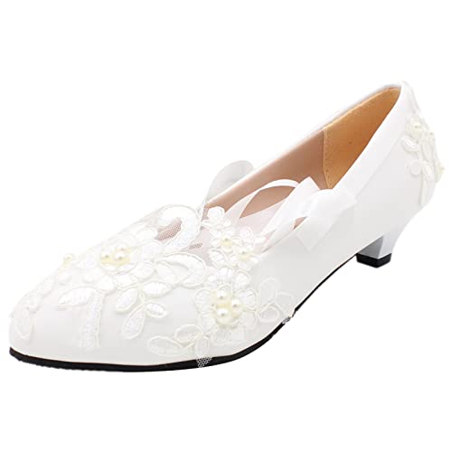 Jamron Damen Elegant Spitzenbesatz 3CM Absatz Weiß Hochzeitsschuhe Pumps mit Perlen SN070427 EU37 von Jamron
