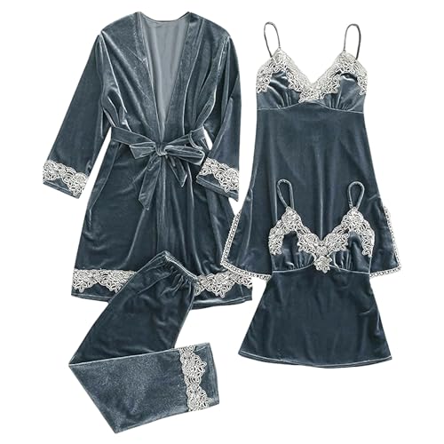 Jamron Damen Elegant Stickerei 4PCS Samt Pyjama Set Robe + Kleid + Hosen Winter Thermo Nachtwäsche Set Türkisblau SN079127 L von Jamron