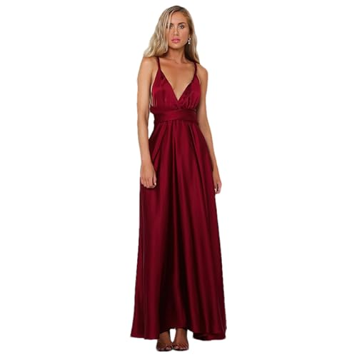 Jamron Damen Elegant Tiefer V-Ausschnitt Rückenfreies Satin Abendkleid Multiway Wickelkleid Abschlussballkleid SN0703227 Burgund S von Jamron