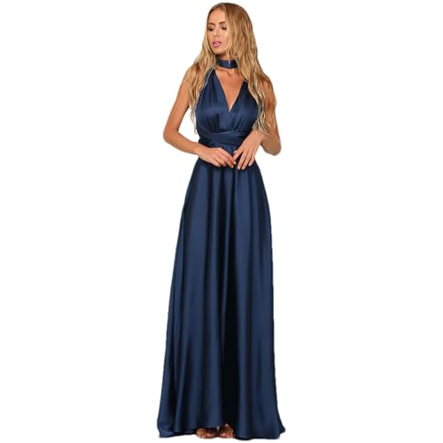 Jamron Damen Elegant Tiefer V-Ausschnitt Rückenfreies Satin Abendkleid Multiway Wickelkleid Abschlussballkleid SN0703227 Marineblau L von Jamron