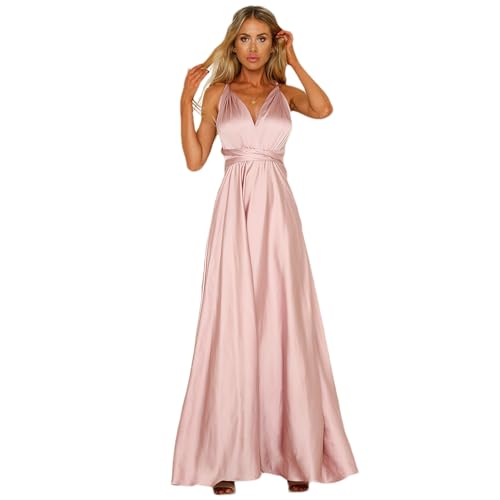Jamron Damen Elegant Tiefer V-Ausschnitt Rückenfreies Satin Abendkleid Multiway Wickelkleid Abschlussballkleid SN0703227 Rosa S von Jamron