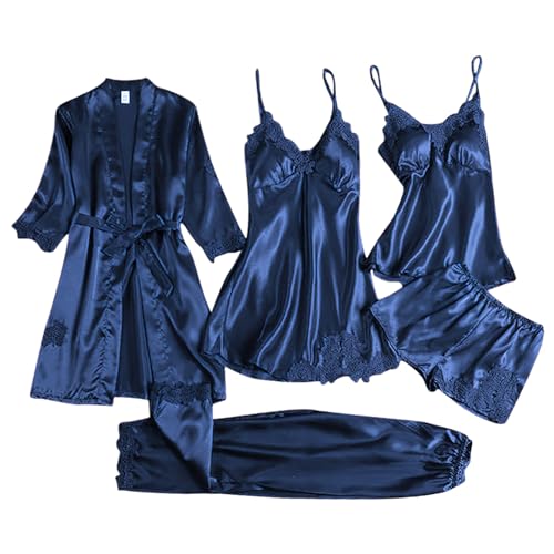 Jamron Damen Elegante Stickerei Spitze 5PCS Satin Pyjama Set Robe + Kleid + Hosen Nachtwäsche Set mit BH-Einlagen Marineblau SN079126 M von Jamron