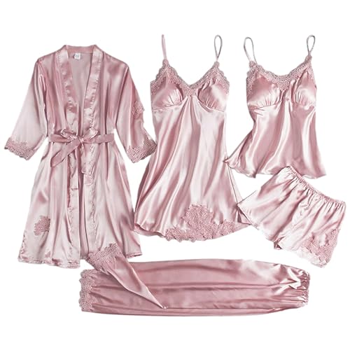 Jamron Damen Elegante Stickerei Spitze 5PCS Satin Pyjama Set Robe + Kleid + Hosen Nachtwäsche Set mit BH-Einlagen Rosa SN079126 M von Jamron