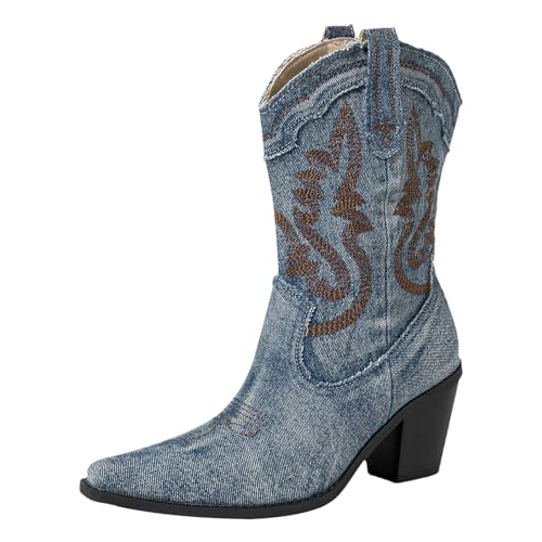 Jamron Damen Gestickte Western Cowboy Stiefel Spitze Zehe Blockabsatz Halbhohe Cowgirl Stiefel Blau SN0710101 EU39 von Jamron
