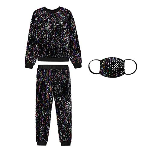 Jamron Damen Glitzer Pailletten Party Kleidung Set Top + Hose + Maske Modische Freizeitanzug SN070121 Bunt L von Jamron