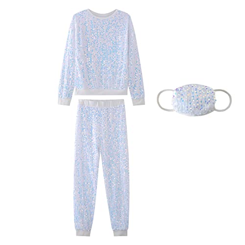 Jamron Damen Glitzer Pailletten Party Kleidung Set Top + Hose + Maske Modische Freizeitanzug SN070121 Weiß M von Jamron