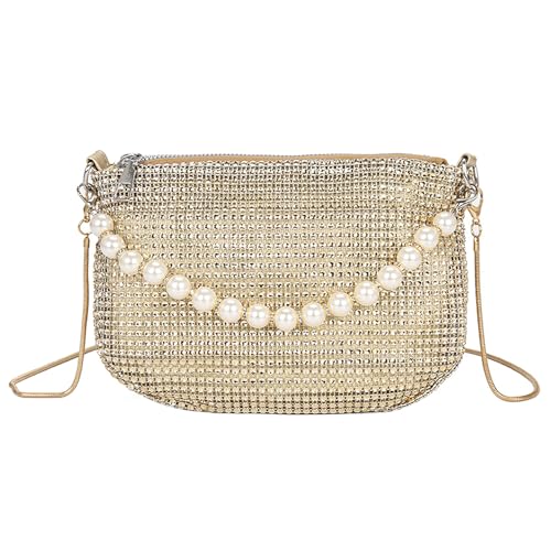 Jamron Damen Glitzer Umhängetasche mit Strass Perle Griff Kette Handtasche SN0708314 Gold von Jamron