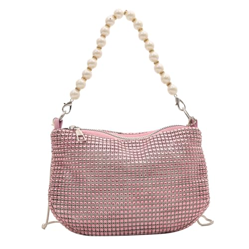 Jamron Damen Glitzer Umhängetasche mit Strass Perle Griff Kette Handtasche SN0708314 Rosa von Jamron