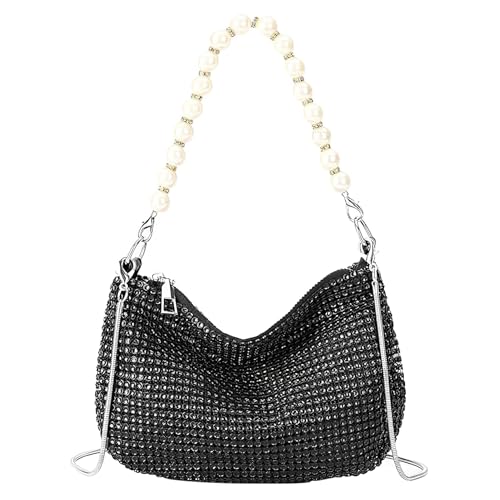 Jamron Damen Glitzer Umhängetasche mit Strass Perle Griff Kette Handtasche SN0708314 Schwarz von Jamron