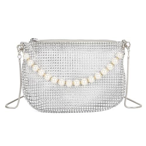 Jamron Damen Glitzer Umhängetasche mit Strass Perle Griff Kette Handtasche SN0708314 Silber von Jamron
