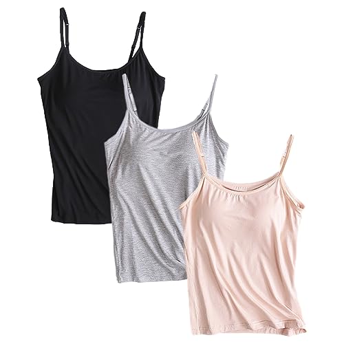 Jamron Damen Große Größen 3er Pack Basic Tank Top Verstellbarer Spaghettiträger Unterhemden mit Integriertem Regal BH Schwarz + Grau + Nackt 4XL von Jamron