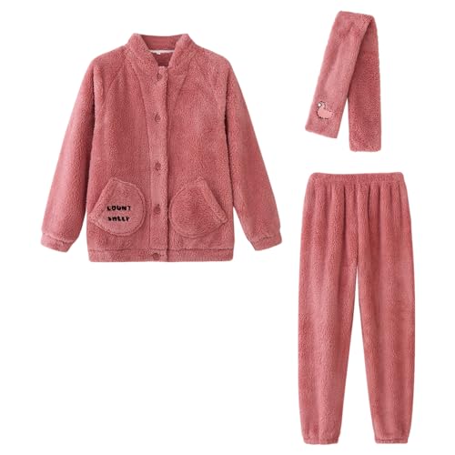 Jamron Damen Herren Paare Schlafanzug Winter 3 Stück Korallen Fleece Pyjama Set mit Schal Warme Kuschelig Nachtwäsche Hausanzug Fuchsia M von Jamron