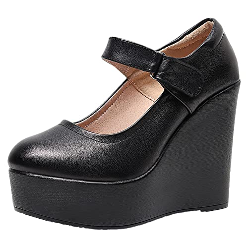 Jamron Damen Hohe Plateau 11.5CM Keilabsatz Mary Jane Schuhe Klettverschluss Knöchelriemen Leder Pumps Schwarz SN070281-3 EU38 von Jamron