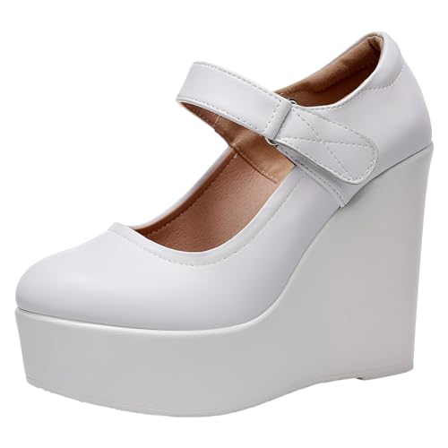Jamron Damen Hohe Plateau 11.5CM Keilabsatz Mary Jane Schuhe Klettverschluss Knöchelriemen Leder Pumps Weiß SN070281-3 EU37.5 von Jamron