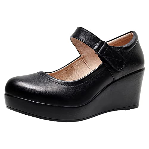 Jamron Damen Hohe Plateau 6CM Keilabsatz Mary Jane Schuhe Klettverschluss Knöchelriemen Leder Pumps Schwarz SN070281-1 EU37 von Jamron