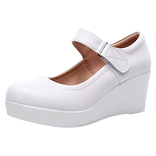 Jamron Damen Hohe Plateau 6CM Keilabsatz Mary Jane Schuhe Klettverschluss Knöchelriemen Leder Pumps Weiß SN070281-1 EU40 von Jamron