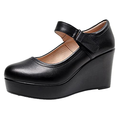 Jamron Damen Hohe Plateau 8CM Keilabsatz Mary Jane Schuhe Klettverschluss Knöchelriemen Leder Pumps Schwarz SN070281-2 EU37 von Jamron